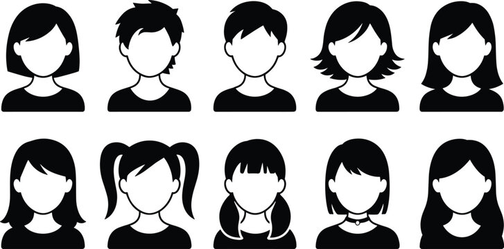 People silhouette illustration, diverse hairstyles clothing styles, head shoulders view, black white design, character persona icons, simplified identity art