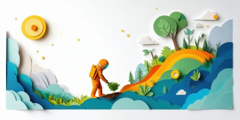 Fototapeta premium Astronaut plants seedling. Papercraft style landscape features hills, sun, trees, clouds. Hopeful scene depicts growth, exploration.