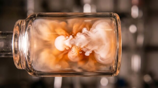 A glass reaction vessel displays swirling white and orange plumes during a naphtha cracking process in a laboratory