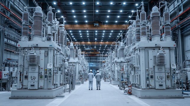 A high-voltage electrical substation bustling with transformers and engineers monitoring equipment, highlighting the power and complexity of electrical systems.