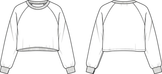 Women Cropped Raglan Sweatshirt Technical Flat Sketch CAD Drawing Vector Illustration Fashion Template Long Sleeve Pullover Fleece Design Mockup Activewear © Zaidul