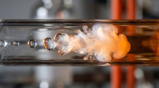 Concentrated naphtha vapor flows through a glass pipe during an industrial cracking process under bright laboratory lighting
