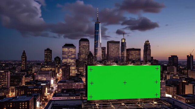 Billboard Mockup with Green Screen on Rooftop Overlooking NYC Skyline