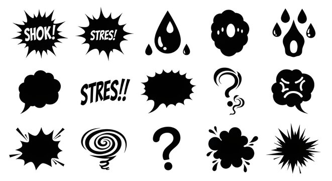 Black silhouette set of comic book elements including "SHOK!", "STRES!!", question marks, swirls, water drops, and anger clouds. Ideal for expressive character backgrounds