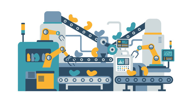 Modern Industrial Automation: Robotic Arms and Conveyor Belts on an Automated Smart Factory Production Line