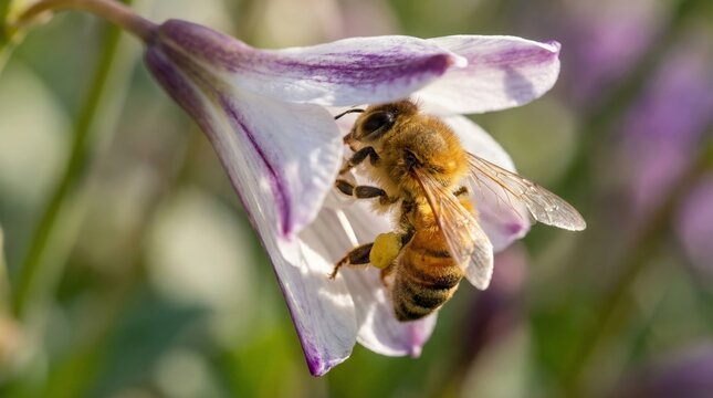 Honey bee is intricately collecting bright yellow pollen from a purple and white flower, demonstrating essential pollination for nature and biodiversity