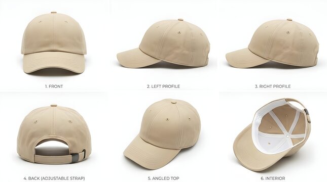 Beige baseball cap in six angles showing front side back and interior views on white background