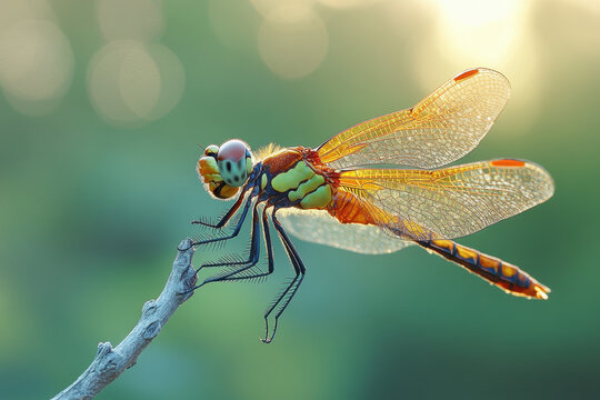 Dragonfly perched on branch.
