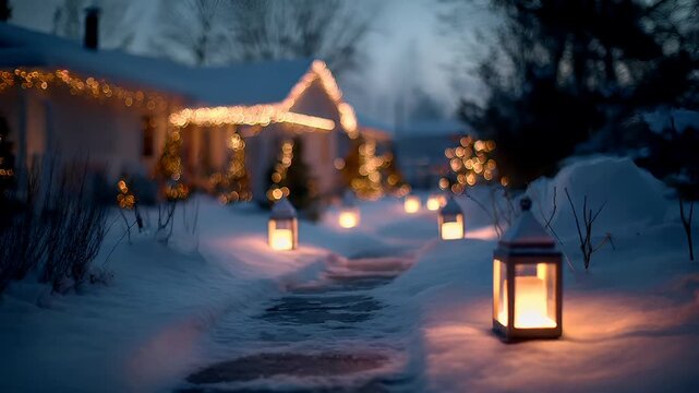 Winter season adventure exploration. A nighttime scene depicts a snowy pathway lined with illuminated lanterns. The pathway is covered in a thick layer of snow, and the lanterns emit a warm.