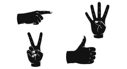 Fototapeta premium Set of black silhouette hand gestures showing pointing, four fingers, peace sign, and thumbs up, on an isolated white background.