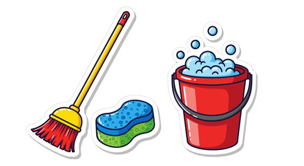 Colorful cartoon cleaning supplies set with broom, sponge, and bucket with bubbles. © gambar