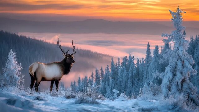 Winter season adventure exploration. A vivid portrayal of a majestic elk standing in a snowy landscape at sunset. The elk is the main subject, facing the viewer, with its antlers raised.