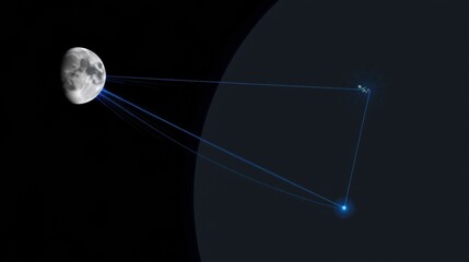 Fototapeta premium Lunar laser ranging depicts light beams reflecting from moons surface toward observatory. Precise distance measurements possible.