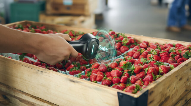 Fresh strawberry food safety scan in laboratory style inspection with handheld scanner