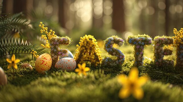 Easter celebration with flowers and eggs in a forest setting