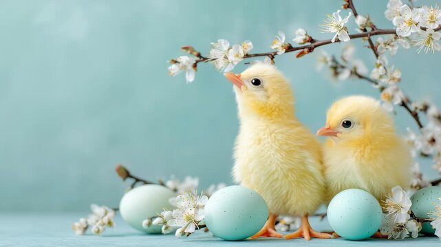 Cute chicks sit beside blue eggs and flowers in a bright indoor space