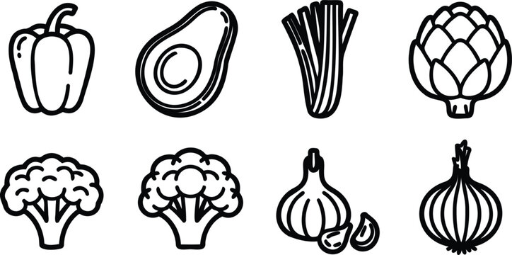 Set of eight line drawn vegetables and fruits for food design  healthy eating icons