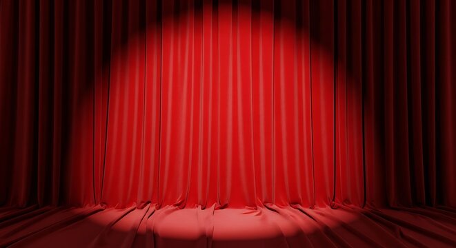 Theatre curtains are opening to reveal a bright red stage performance