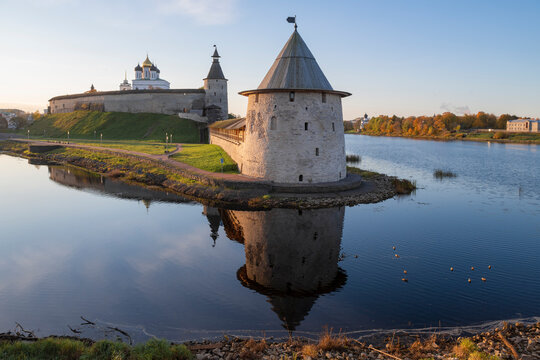 View of the ancient Flat Tower of the Pskov Kremlin on a sunny October morning. Pskov, Russia