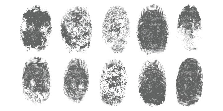 Set of ten unique detailed human fingerprint icons for biometric security and identity concepts