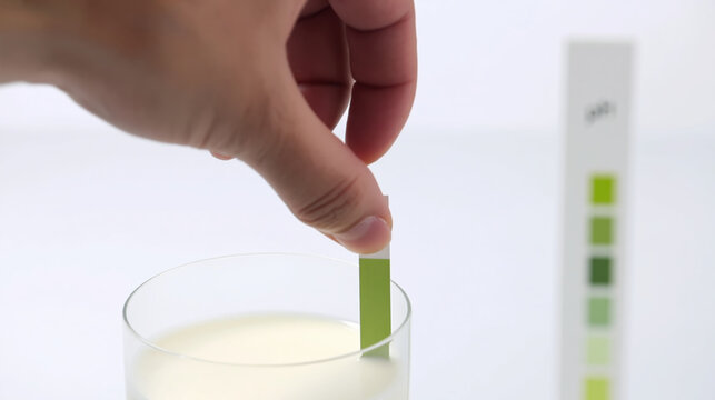 Glass of milk pH test with litmus strip being dipped by hand showing laboratory food testing