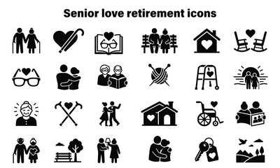 Obraz premium flat design senior love and retirement lifestyle icons set in monochrome