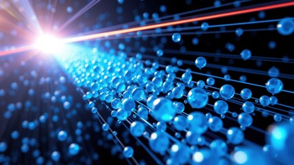 Fototapeta premium Bright light streaks through dark space. Blue spheres connect with red lines, creating tunnel effect. Futuristic, digital imagery.