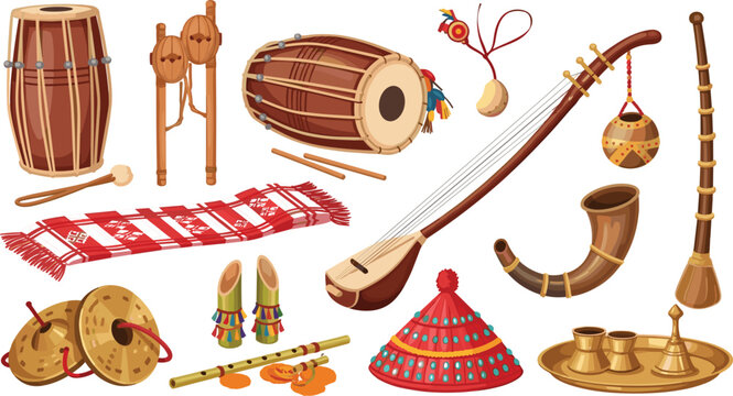 Collection of traditional folk musical instruments including dhol, ektara, flute, cymbals, and ceremonial items for ethnic festival celebrations and cultural heritage vector designs.
