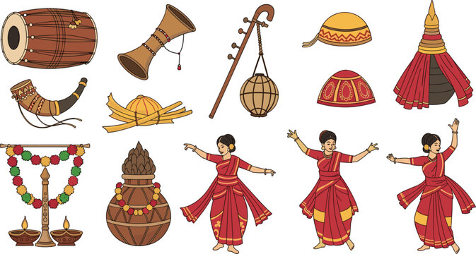 Collection of traditional folk dance icons featuring female dancers in red sarees, dhol drum, ektara, jaapi hats, and ritual lamps for ethnic festival and heritage celebration designs.