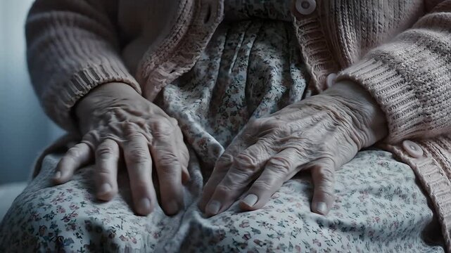 Close-up of elderly hands on lap, expressing anxiety and vulnerability during illness. Cinematic portrait capturing loneliness, despair, fear of death, and helplessness in old age.