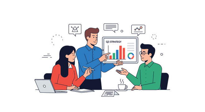 Business people discussing data analysis.