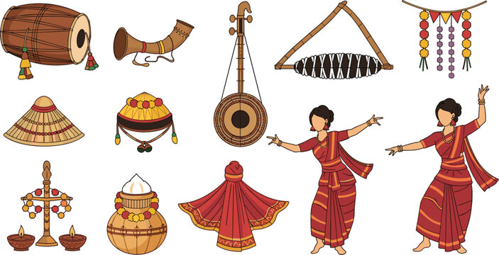 Traditional Bihu festival collection featuring Assamese folk dancers in ethnic attire with dhol drum, pepa horn, jaapi hats, and ektara for cultural heritage celebration designs.