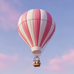 Fototapeta premium Detailed 3D hot air balloon with pink stripes and sandbags drifting high above a calm, pastel-colored cloud-filled sky.