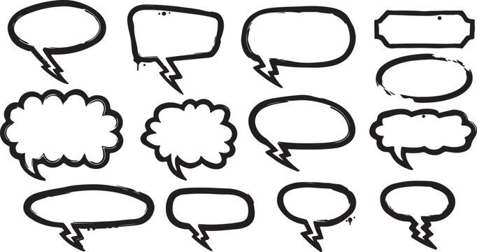 A collection of black hand-drawn graffiti speech bubbles on a white background. The set features various sketchy outlines, including cloud shapes, ovals, and rectangular with lightning-bolt pointers.
