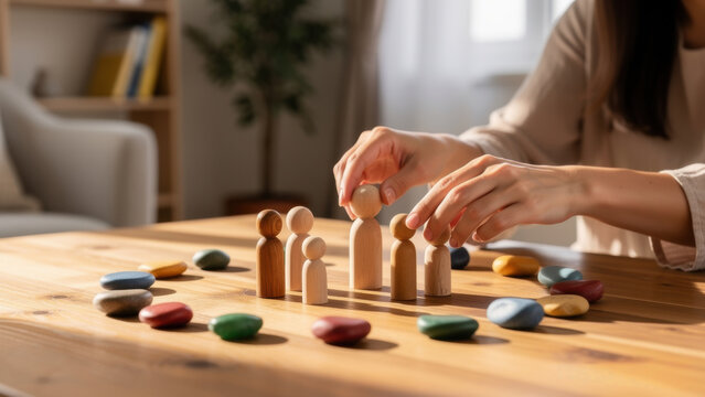 family constellations therapist's hands with small wooden figurines