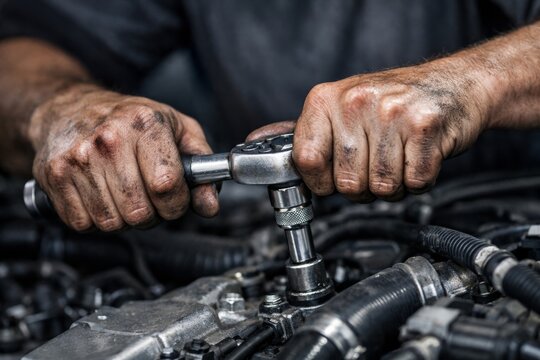 Dirty mechanic hands working on car engine with socket wrench tool. Ai generative