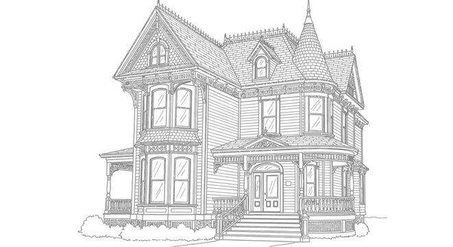 Ornate Victorian House Exterior Drawing with Detailed Architecture on Isolated White Background