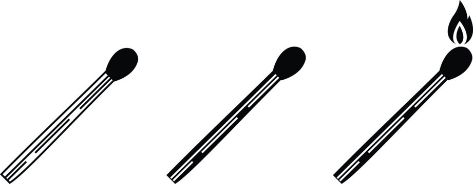 Matchstick icons set burning match stick flame symbols and matchbox for ignition, fire starter tool vector silhouettes and outline illustration for safety and camping collection group