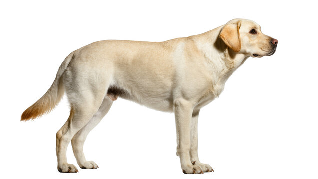 Majestic cream Labrador Retriever dog stands gracefully, captured in a detailed side profile studio portrait