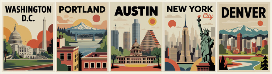 Vibrant cityscape posters feature iconic landmarks. Each city has distinct skyline and cultural symbols. Washington, Portland, Austin, New York, and Denver all appear. Artistic style evokes nostalgia