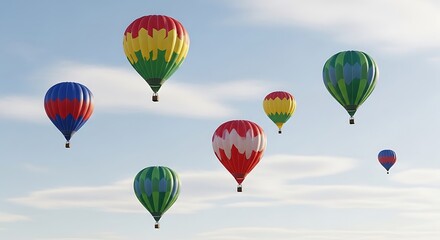 Fototapeta premium Hot air balloons fly across a blue sky with white clouds at a festival