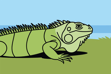 Obraz premium Green Iguana on Grass Illustration, reptile wildlife concept