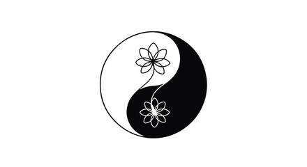 Fototapeta premium Yin and Yang symbol is elegantly intersected by a flowing vine connecting two stylized lotus flowers.