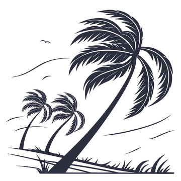 Three palm trees on a windy beach tropical black and white