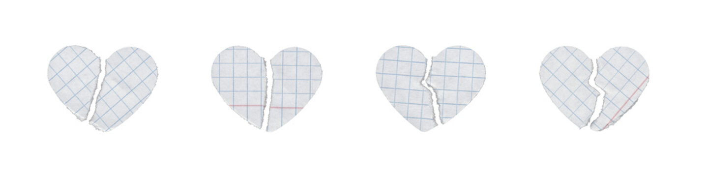 Collection of broken heart graph paper pieces with cracked love note vibe on transparent background