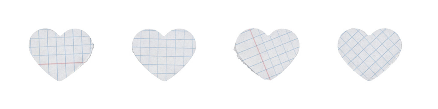 Set of heart shaped graph paper cutouts for cute note and scrapbook designs on transparent background