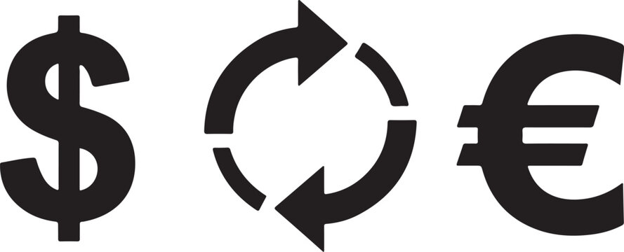 A minimalist black silhouette set representing currency exchange, featuring a dollar sign ($), a euro sign (&euro;), and a circular refresh or rotation arrow symbol indicating conversion or transaction.