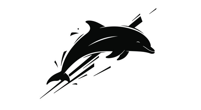 Stylized black dolphin leaps dynamically from the water leaving abstract splash lines behind it.
