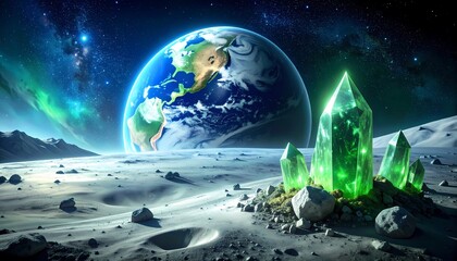 Fototapeta premium Glowing Green Crystals on Moon Surface with Earth Background