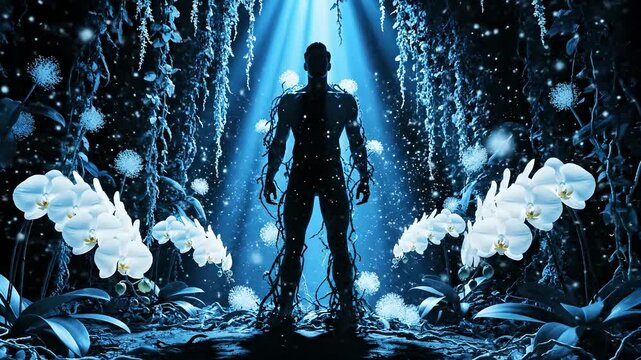 Silhouette of man entangled in roots amidst glowing orchids and suspended light rays, mystical fantasy landscape exploring states of mind and deep inner contemplation